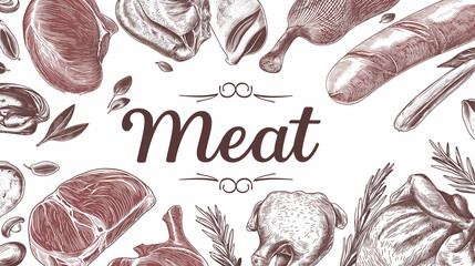 Meat products top view frame. Vector illustration. Engraved design. Hand drawn illustration. Pieces of meat design template. Great for package design. Chicken, beef, pork, sausage, lamb, ham sketch wi