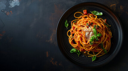 Dark plate with italian spaghetti on dark background
