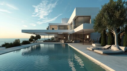 Fototapeta premium Luxury Bungalow Villa with Infinity Pool and Ocean View in Minimalist Architecture