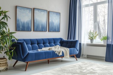 Royal Blue Living Room Interior with Simple Paintings and Fresh Plants: A Bright and Minimalist Lounge Setting