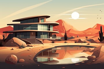 Fototapeta na wymiar luxury futuristic house in desert landscape with pool illustration
