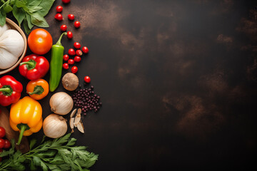Obraz na płótnie Canvas Various kitchen ingredients vegetables on dark background, health eating concept, food flat lay, for website, banners and marketing materials and copy space
