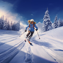 Girl skiing down the hill - obrazy, fototapety, plakaty