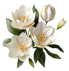 Fototapeta premium Bouquet of White Tulips flower plant with leaves cutout on transparent background. Valentine's day-wedding. advertisement. product presentation. banner, poster, card, t shirt, sticker.