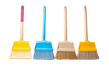 Set of Four Colorful Plastic Brooms Isolated on White Background