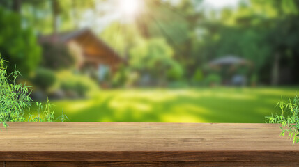 a wood table space with home backyard, blurred background with house in garden - 697245701