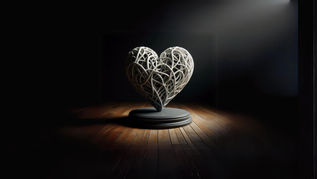 a heart shaped sculpture sitting on top of a wooden floor, a stock photo  , trending on shutterstock, gothic art, black background, stockphoto, behance hd