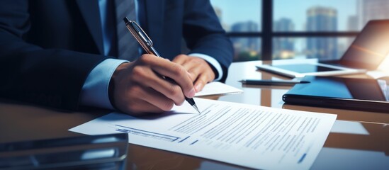 A businessman signing a signature form documents for deal agreements concept