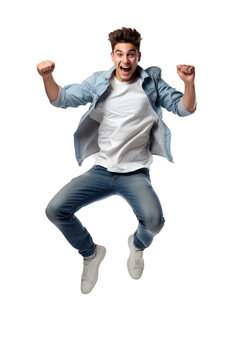 Excited Young Man Jumping in Joy Isolated on White Background