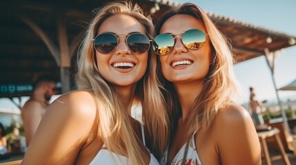 Happy beautiful women with sunglasses at sunny beach bar. summer vacation concept. - obrazy, fototapety, plakaty