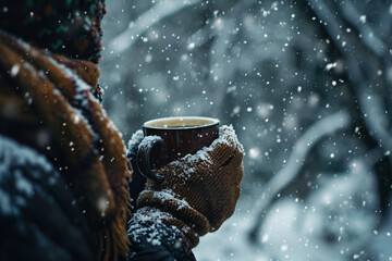 warmth of a person enjoying a cup of coffee in a snow-covered morning, creating a cinematic photo.