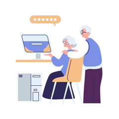 Modern old people using internet, mobile phones, computers. Senior men, women, couple with smartphone, laptops. Elderly generation online. Flat graphic vector illustration isolated on white background