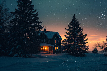 Fototapeta premium silhouette of trees, houses, or people against a snowy backdrop during the early morning, creating a cinematic photo.