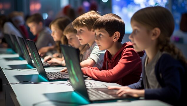 Generative AI image of children in school typing together the keyboards