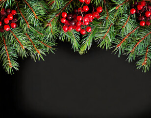 Rami di pino verde con bacche rosse sul lato superiore con sfondo nero con spazio per testo, sfondo natalizio