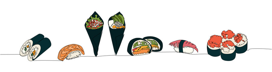 Sushi set, sushi burger, nigiri, temaki, gunkan, sushi roll one line art. Continuous line drawing of sushi, japanese, food, roll, culture, tasty, restaurant, japan, asian, sea, menu