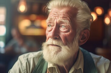 Vibrant elderly white haired man sarcastic look. Ironic perplexed bearded senior male. Generate ai