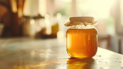 Natural floral golden honey in glass jar on table in light colored kitchen. Background with copy space for bee farm for production of homemade healthy honey. - Powered by Adobe