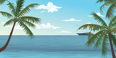 Fototapeta na wymiar Tropical blue sea with yacht at the horizon have coconut tree foreground vector illustration. Seascape concept flat design.