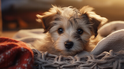 Cute brown terrier puppy lying on a knitted blanket, warm light