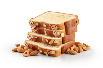 stack of bread slices with nuts isolated on white
