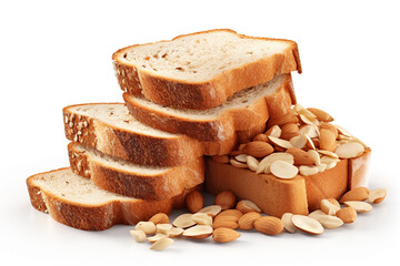 stack of bread slices with nuts isolated on white - obrazy, fototapety, plakaty