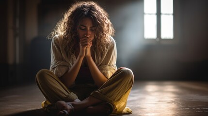 Sad young woman sitting on wooden floor and looking. - obrazy, fototapety, plakaty