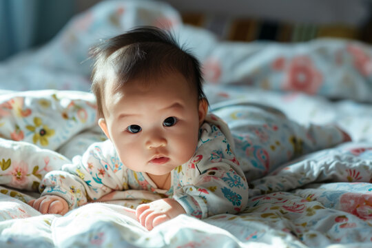 An asian baby is lying on a bed