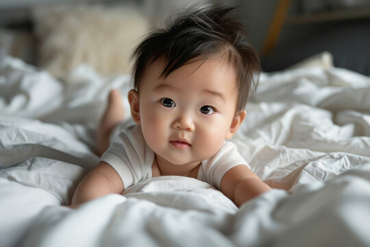 An asian baby is lying on a bed