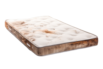 A tattered white mattress on a white transparent background