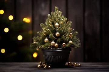 Still life with natural conifer with lights and copy space. New Year and Christmas celebration greeting card and holiday seasonal background with traditional objects