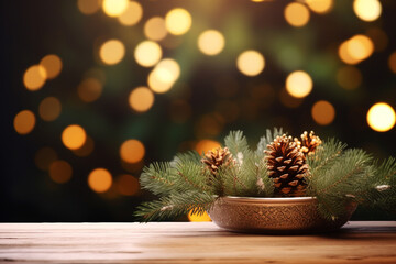 Still life with natural conifer with lights and copy space. New Year and Christmas celebration greeting card and holiday seasonal background with traditional objects