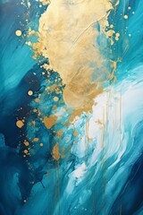 Generative AI image of  an aqua blue abstract painting with a gold and blue