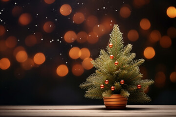 Fototapeta na wymiar Still life with natural conifer with lights and copy space. New Year and Christmas celebration greeting card and holiday seasonal background with traditional objects