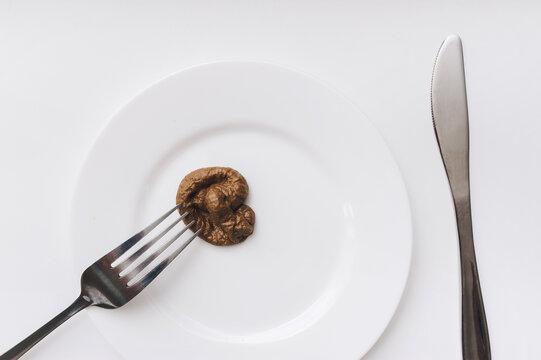 A metal fork strung artificial plastic feces lie on a white plate under knife. The concept of an inept cook, a crappy restaurant, bad food, a taste of shit. Bad smelling joke, propaganda, fake news.