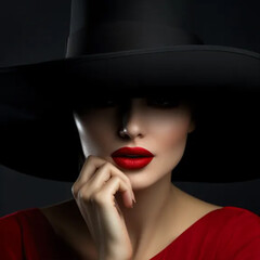 Beautiful woman with luxury lips makeup holding red lipstick. Model hides her face under wide hat  posing on black background. Close up studio beauty portrait. Copy  empty space for text ai technology