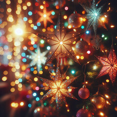 Fototapeta na wymiar Christmas background. Festive Christmas background with bokeh defocused lights and stars