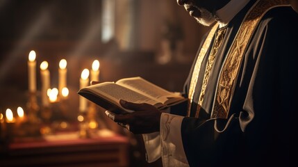 In Christian Church: Close Up of The Bible, Gospel of Jesus. Minister Leads The Congregation In Prayer and Reads From The Holy Book, Priest Providing Guidance, Belief, Hope to People. - obrazy, fototapety, plakaty