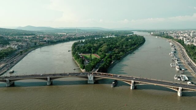 Aerial shot of Margaret island (Margitsziget) and bridge in Budapest, Hungary