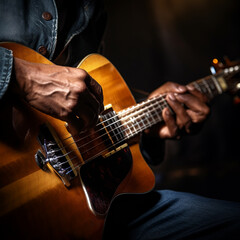 Fototapeta premium Bluesman play on guitar blues rock under stage light. Festival music concert with songs. Black skin guitarist in hat. Retro style. 