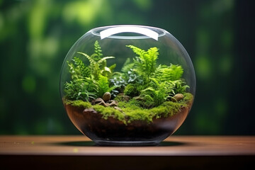 Small terrarium bowl with rainforest plant for house decoration - obrazy, fototapety, plakaty
