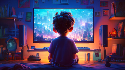 Kid playing computer video game in his room. Postproducted generative AI illustration.