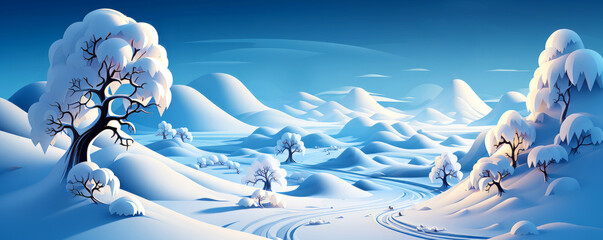 Idyllic winter landscape covered under snow in cartoon style. Postproducted generative AI illustration.