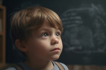 Young boy posing in front of chalkboard. Cute little school pupil learning at blackboard. Generate ai