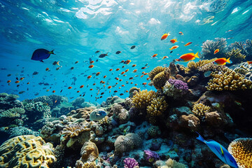 Naklejka na ściany i meble Explore the captivating marine haven of the Great Barrier Reef, where underwater photographers and ocean lovers delight in vibrant sea life