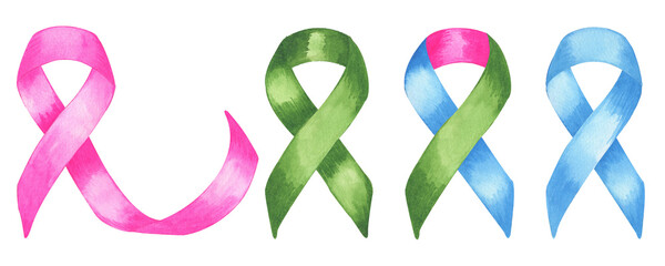 Big set of watercolor colorful ribbons. Green, blue and pink symbols of Rare Disease Day. Hand drawn watercolor illustrations isolated on transparent.