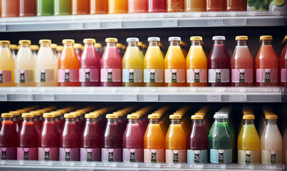 Fresh organic drinks, juices in a supermarket, Variety Shopping  in a supermarket apples, oranges, bananas, grapes, pineapples lemons, healthy consumerism food concept.