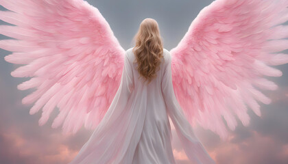 An angel with large pink wings on the back.