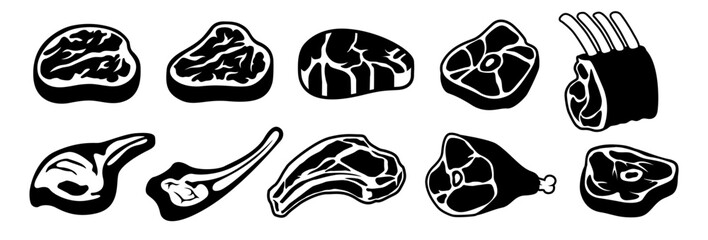 Vector steak or meat icons set. Degrees of steak doneness. Blue, rare, medium, well, well done.