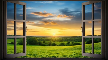 Fototapeta premium Nature's Canvas: Open Window Framing a Tranquil Green Field Under a Captivating Sunset Sky - Escape to Serenity.
